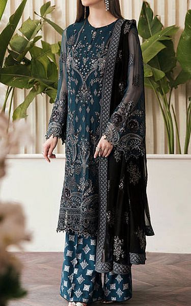 Flossie Teal Chiffon Suit | Pakistani Embroidered Chiffon Dresses USA- Image 1
