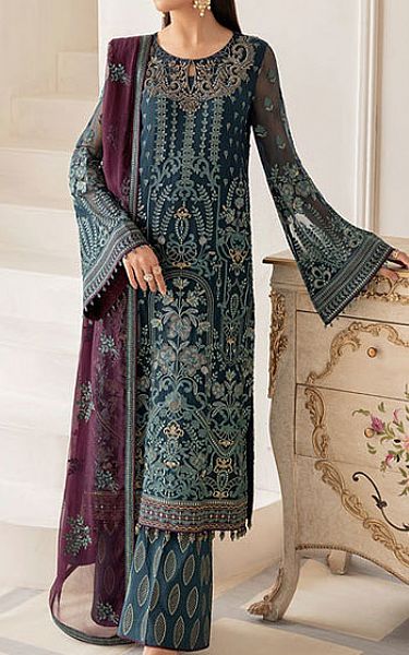 Flossie Teal Chiffon Suit | Pakistani Embroidered Chiffon Dresses USA- Image 1