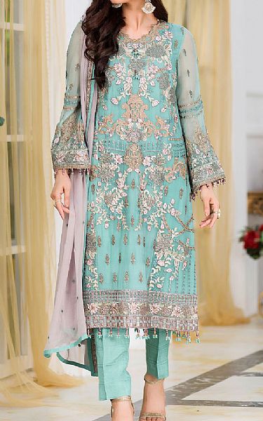 Flossie Cyan Chiffon Suit | Pakistani Dresses in USA- Image 1