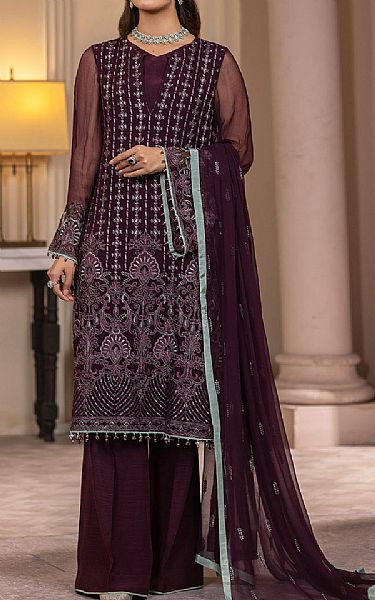 Flossie Wine Berry Chiffon Suit | Pakistani Embroidered Chiffon Dresses- Image 1