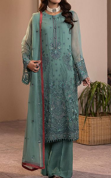 Flossie Greyish Teal Chiffon Suit | Pakistani Embroidered Chiffon Dresses- Image 1