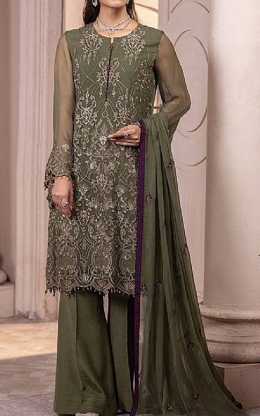 Flossie Finch Green Chiffon Suit | Pakistani Embroidered Chiffon Dresses- Image 1