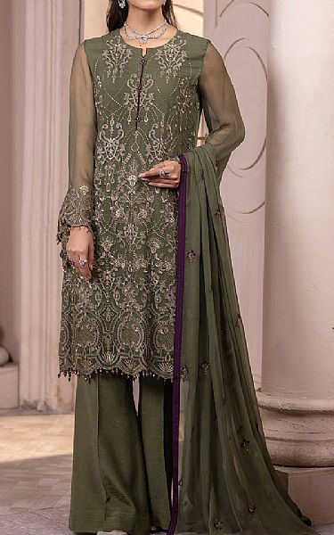 Flossie Finch Green Chiffon Suit | Pakistani Embroidered Chiffon Dresses USA- Image 1