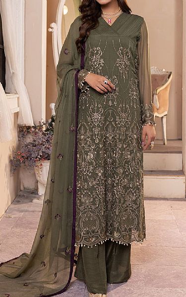 Flossie Army Green Chiffon Suit | Pakistani Embroidered Chiffon Dresses- Image 1