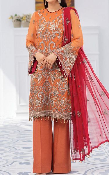 Flossie Safety Orange Chiffon Suit | Pakistani Embroidered Chiffon Dresses- Image 1