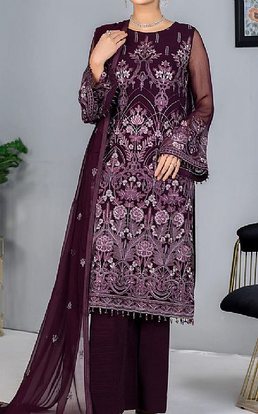 Flossie Egg Plant Chiffon Suit | Pakistani Embroidered Chiffon Dresses- Image 1