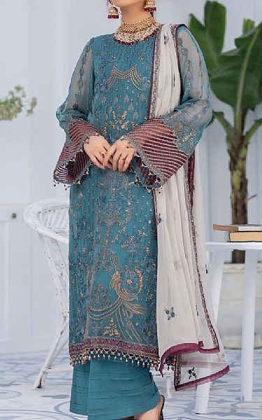 Flossie Teal Chiffon Suit | Pakistani Embroidered Chiffon Dresses- Image 1