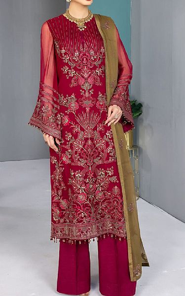 Flossie Scarlet Chiffon Suit | Pakistani Embroidered Chiffon Dresses- Image 1