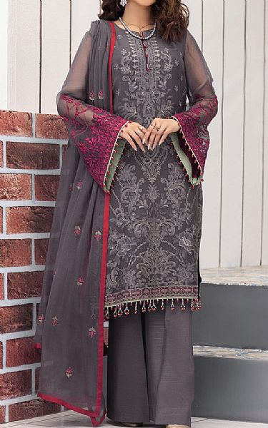 Flossie Dark Grey Chiffon Suit | Pakistani Embroidered Chiffon Dresses- Image 1