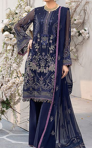 Flossie Navy Blue Chiffon Suit | Pakistani Embroidered Chiffon Dresses- Image 1