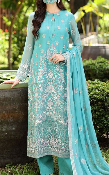Flossie Turquoise Chiffon Suit | Pakistani Embroidered Chiffon Dresses USA- Image 1