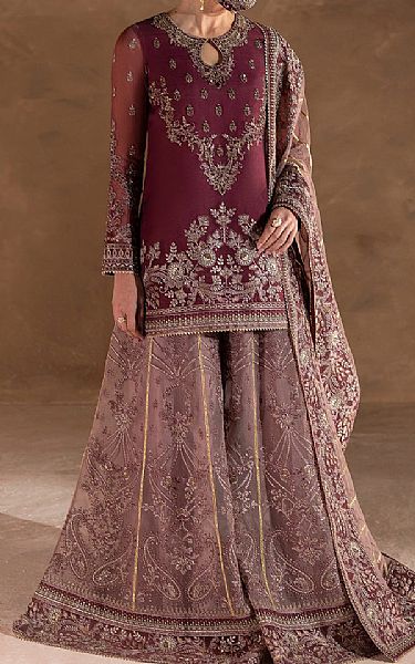 Flossie Wine Berry/Dust Pink Organza Suit | Pakistani Embroidered Chiffon Dresses USA- Image 1