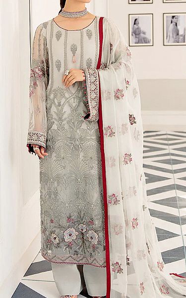 Flossie Light Grey Chiffon Suit | Pakistani Embroidered Chiffon Dresses- Image 1