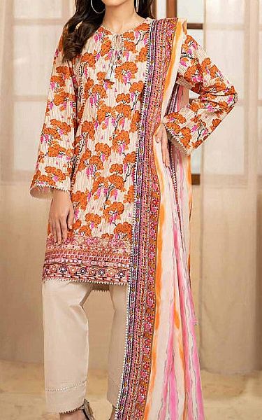 Gul Ahmed Ivory/Rust Lawn Suit | Pakistani Lawn Suits- Image 1