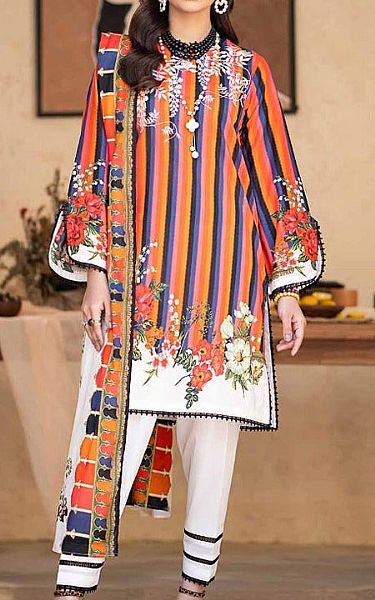 Gul Ahmed White/Rust Lawn Suit | Pakistani Lawn Suits- Image 1