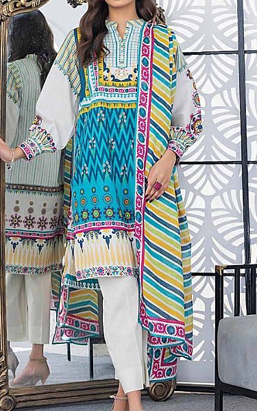 Gul Ahmed White/Turquoise Lawn Suit | Pakistani Lawn Suits- Image 1