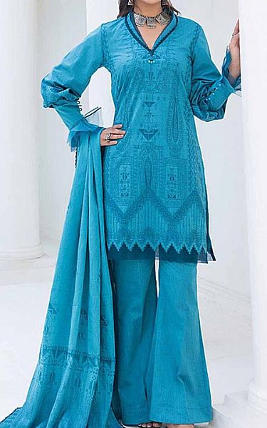 Gul Ahmed Pacific Blue Jacquard Suit | Pakistani Lawn Suits- Image 1