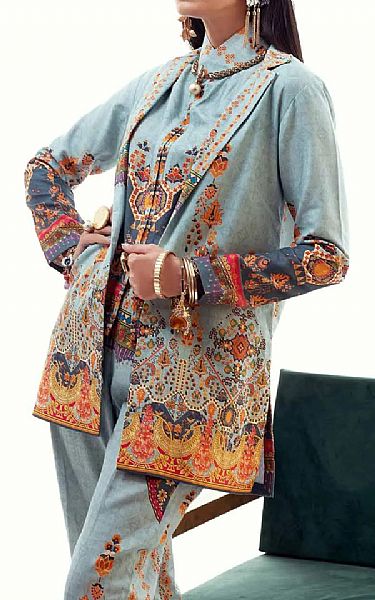 Gul Ahmed Sky Blue Corduroy Kurti | Pakistani Dresses in USA- Image 2