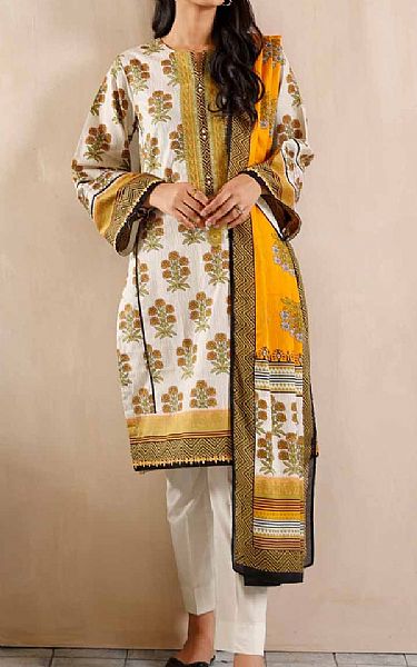 Gul Ahmed Ivory/Olive Cambric Suit | Pakistani Dresses in USA- Image 1