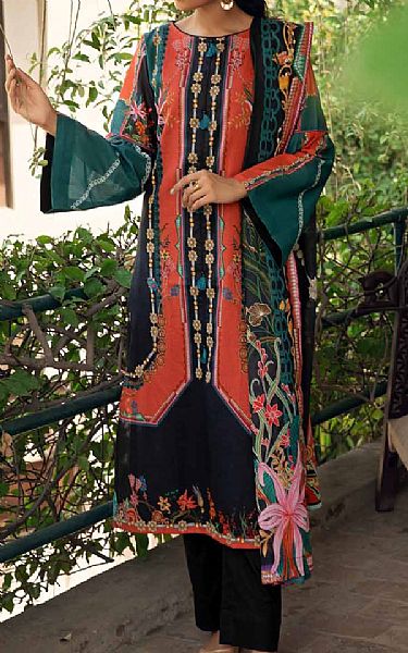 Gul Ahmed Coral/Black Lawn Suit | Pakistani Dresses in USA- Image 1