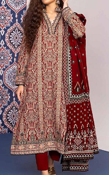 Gul Ahmed Maroon Khaddar Suit | Pakistani Winter Dresses- Image 1