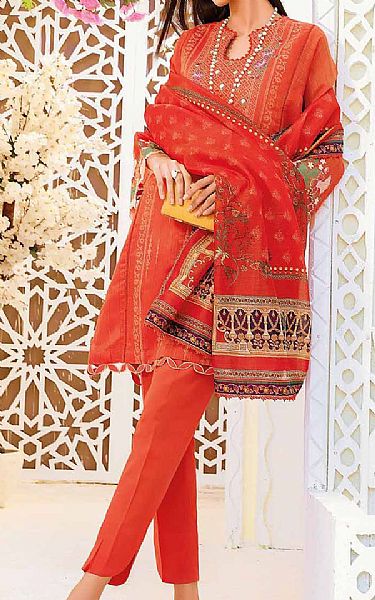Gul Ahmed Vermilion Red Cotton Suit | Pakistani Lawn Suits- Image 2