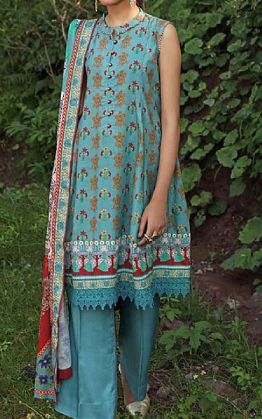 Gul Ahmed Light Turquoise Viscose Suit | Pakistani Dresses in USA- Image 1
