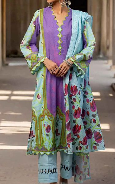 Gul Ahmed Sky Blue/Iris Purple Lawn Suit | Pakistani Dresses in USA- Image 1