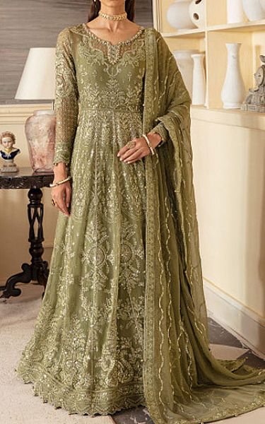Gulaal Olive Green Chiffon Suit | Pakistani Embroidered Chiffon Dresses- Image 1