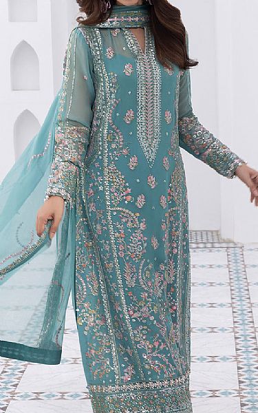 Gulaal Turquoise Chiffon Suit | Pakistani Embroidered Chiffon Dresses USA- Image 2