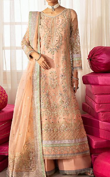 Gulaal Peach Organza Suit | Pakistani Embroidered Chiffon Dresses USA- Image 1