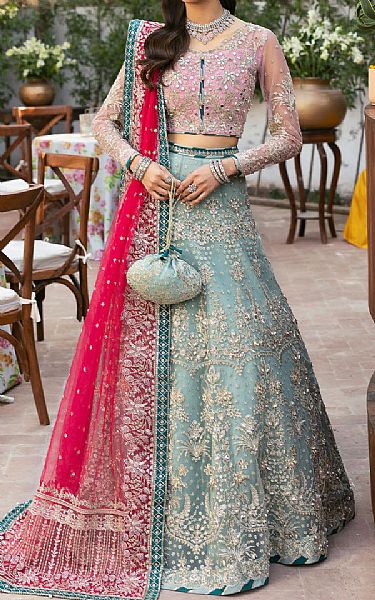 Gulaal Pink/Turquoise Net Suit | Pakistani Embroidered Chiffon Dresses USA- Image 1