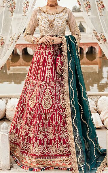 Gulaal White/Crimson Net Suit | Pakistani Wedding Dresses- Image 1