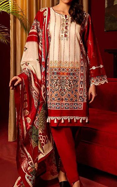 Gul Ahmed Ivory/Red Lawn Suit | Pakistani Lawn Suits- Image 1