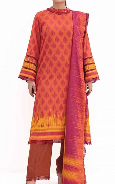 Gul Ahmed Shocking Orange Dhanak Suit | Pakistani Winter Dresses in USA- Image 1