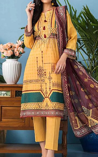 Gul Ahmed Yellow Orange Lawn Suit | Pakistani Dresses in USA- Image 1