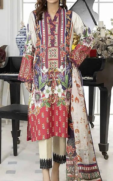 Gul Ahmed Off-white/Brink Pink Lawn Suit (2 Pcs) | Pakistani Dresses in USA- Image 1