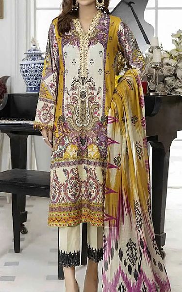 Gul Ahmed Off-white/Mustard Lawn Suit (2 Pcs) | Pakistani Dresses in USA- Image 1