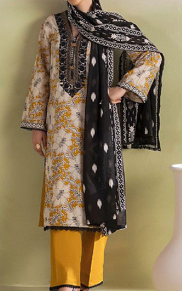 Gul Ahmed Off White/Mustard Lawn Suit | Pakistani Lawn Dress in USA- Image 1
