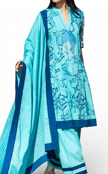 Gul Ahmed Cyan Jacquard Suit | Pakistani Lawn Dress in USA- Image 1