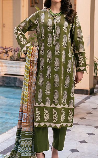 Gul Ahmed Olive Green Cross Hatch Suit | Pakistani Lawn Dress in USA- Image 1