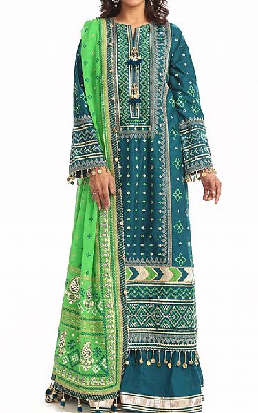 Gul Ahmed Deep Sea Green Lawn Suit | Pakistani Lawn Dress in USA- Image 1