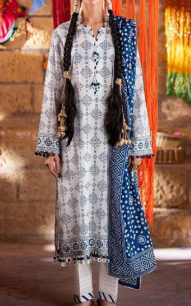 Gul Ahmed Off White/Blue Lawn Suit | Pakistani Lawn Dress in USA- Image 1
