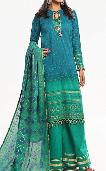 Gul Ahmed Green/Blue Lawn Suit | Pakistani Lawn Dress in USA- Image 1