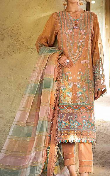 Gul Ahmed Peach Mehsuri Suit | Pakistani Embroidered Chiffon Dresses- Image 1
