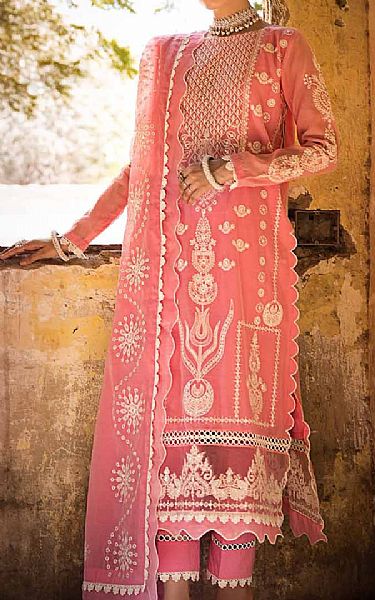 Gul Ahmed Salmon Pink Cotton Suit | Pakistani Embroidered Chiffon Dresses- Image 1