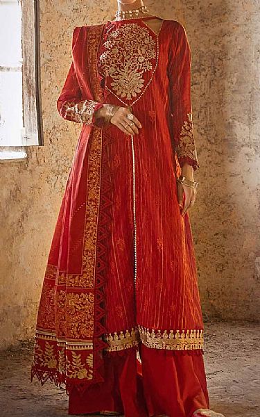 Gul Ahmed Cardinal Red Organza Suit | Pakistani Embroidered Chiffon Dresses- Image 1