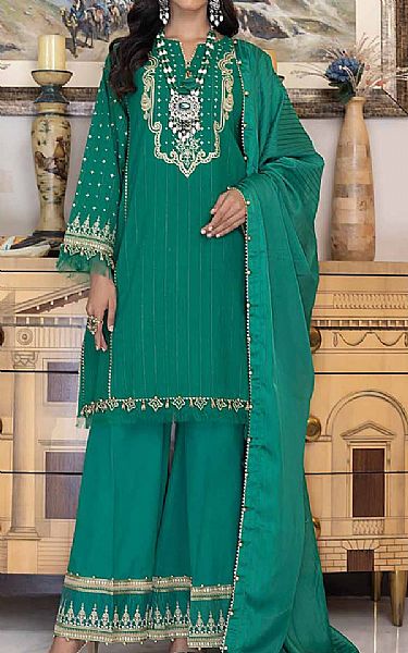 Gul Ahmed Emerald Green Jacquard Suit | Pakistani Embroidered Chiffon Dresses- Image 1