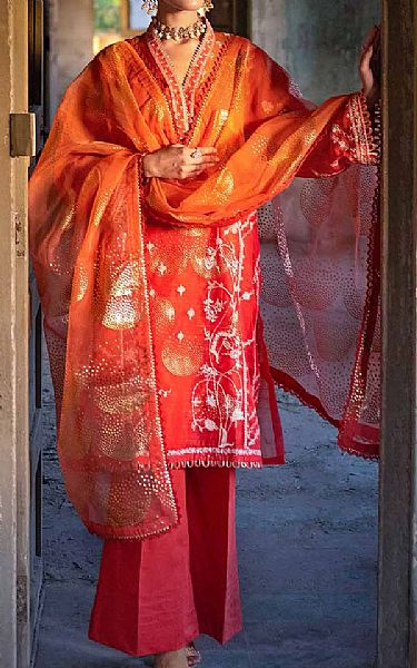 Gul Ahmed Bright Orange Nylon Suit | Pakistani Embroidered Chiffon Dresses- Image 1