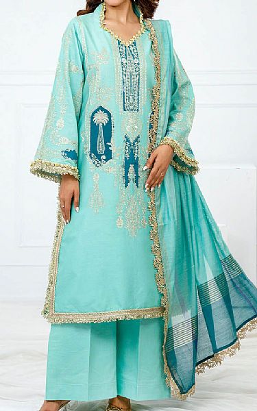 Gul Ahmed Turquoise Lawn Suit | Pakistani Lawn Dress in USA- Image 1